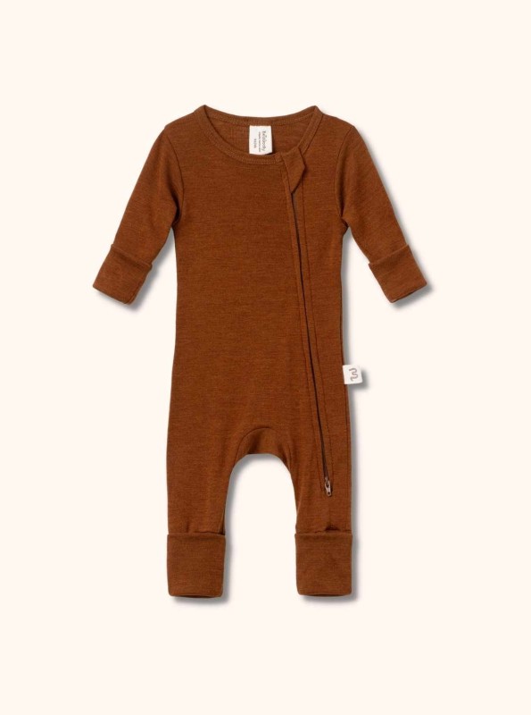 Kombinezon z wełny merino i jedwabiu dla dzieci, brązowy - BeWoolly.jpg