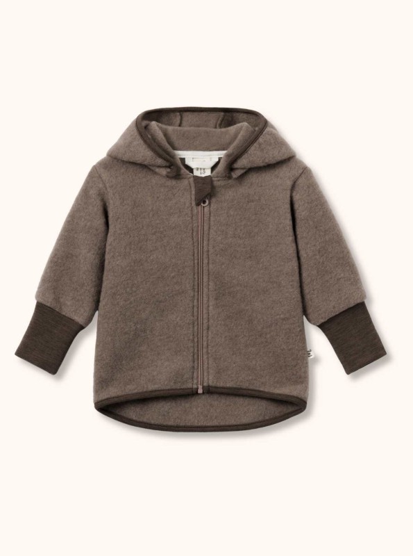 Kurtka merino z długimi mankietami i odpinanym kapturem dla dzieci i niemowląt, brązowa - BeWoolly