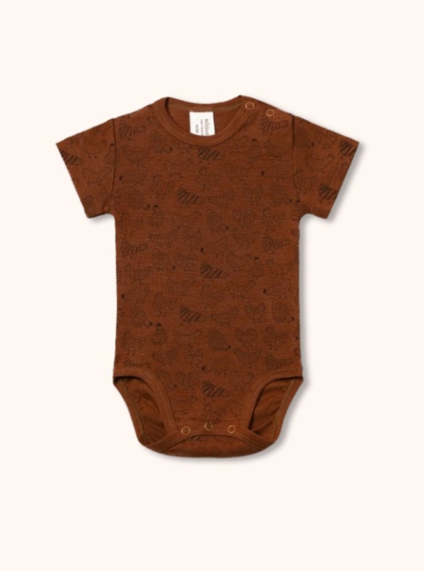 Body z krótkim rękawem z wełny merino i jedwabiu dla dzieci i niemowlat w kolorze brązowym w kurki, BeWoolly