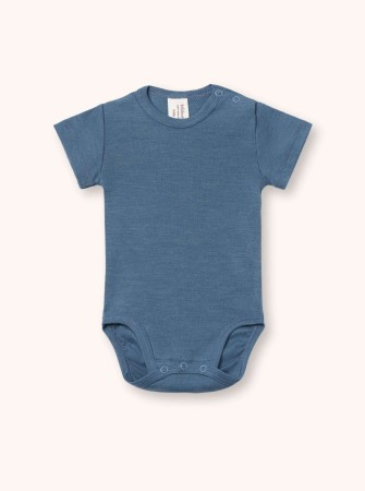 Body z krótkim rękawem z wełny merino i jedwabiu (GOTS) dla dzieci, granatowy