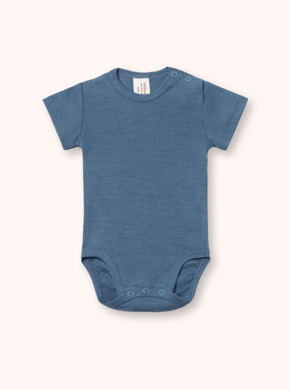Body z krótkim rękawem z wełny merino i jedwabiu dla dzieci i niemowlat w kolorze granatowym, BeWoolly