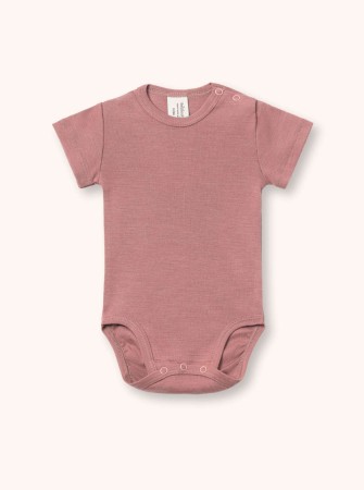 Body z krótkim rękawem z wełny merino i jedwabiu (GOTS) dla dzieci, róż antyczny