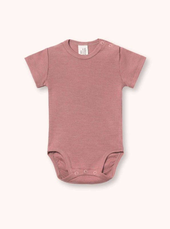 Body z krótkim rękawem z wełny merino i jedwabiu dla dzieci i niemowlat w kolorze antycznego różu, BeWoolly